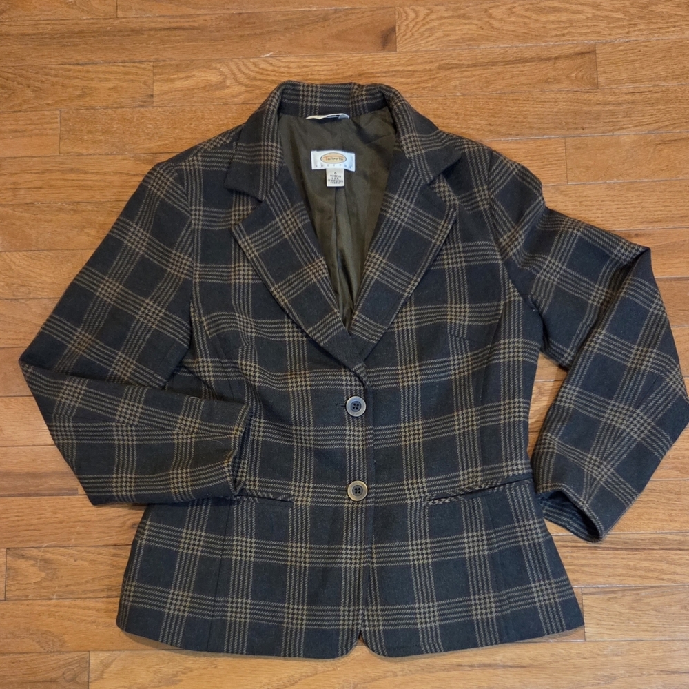 Talbots Black & Brown Plaid Notch-Lapel Blazer Vintage Wool Blend Size 6